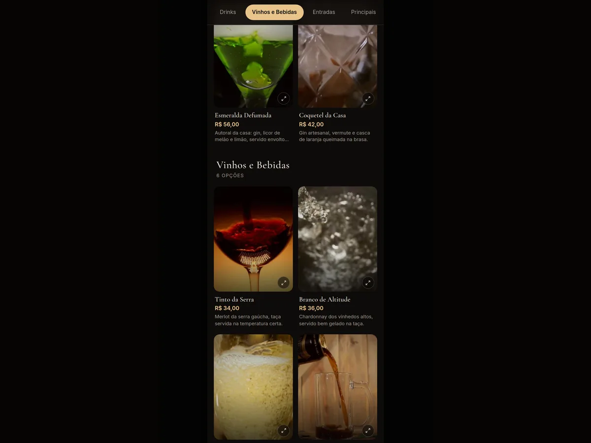 Cardápio em vídeo com drinks e vinhos